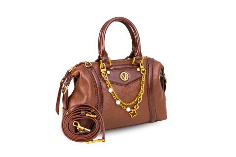 GOLD ZİNCİR-İNCİ DETAYLI KAHVE KADIN ÇANTA