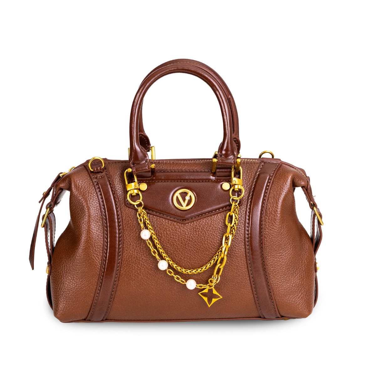 GOLD ZİNCİR-İNCİ DETAYLI KAHVE KADIN ÇANTA