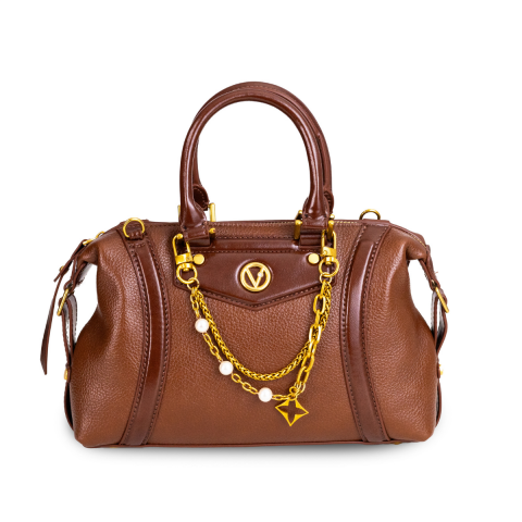 GOLD ZİNCİR-İNCİ DETAYLI KAHVE KADIN ÇANTA